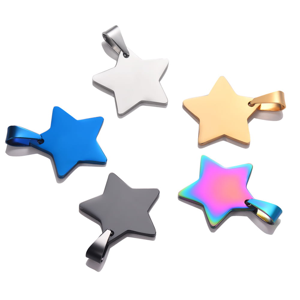 Five star-shaped stainless steel pendants in silver gold blue black and rainbow iridescent colors ideal for necklaces.