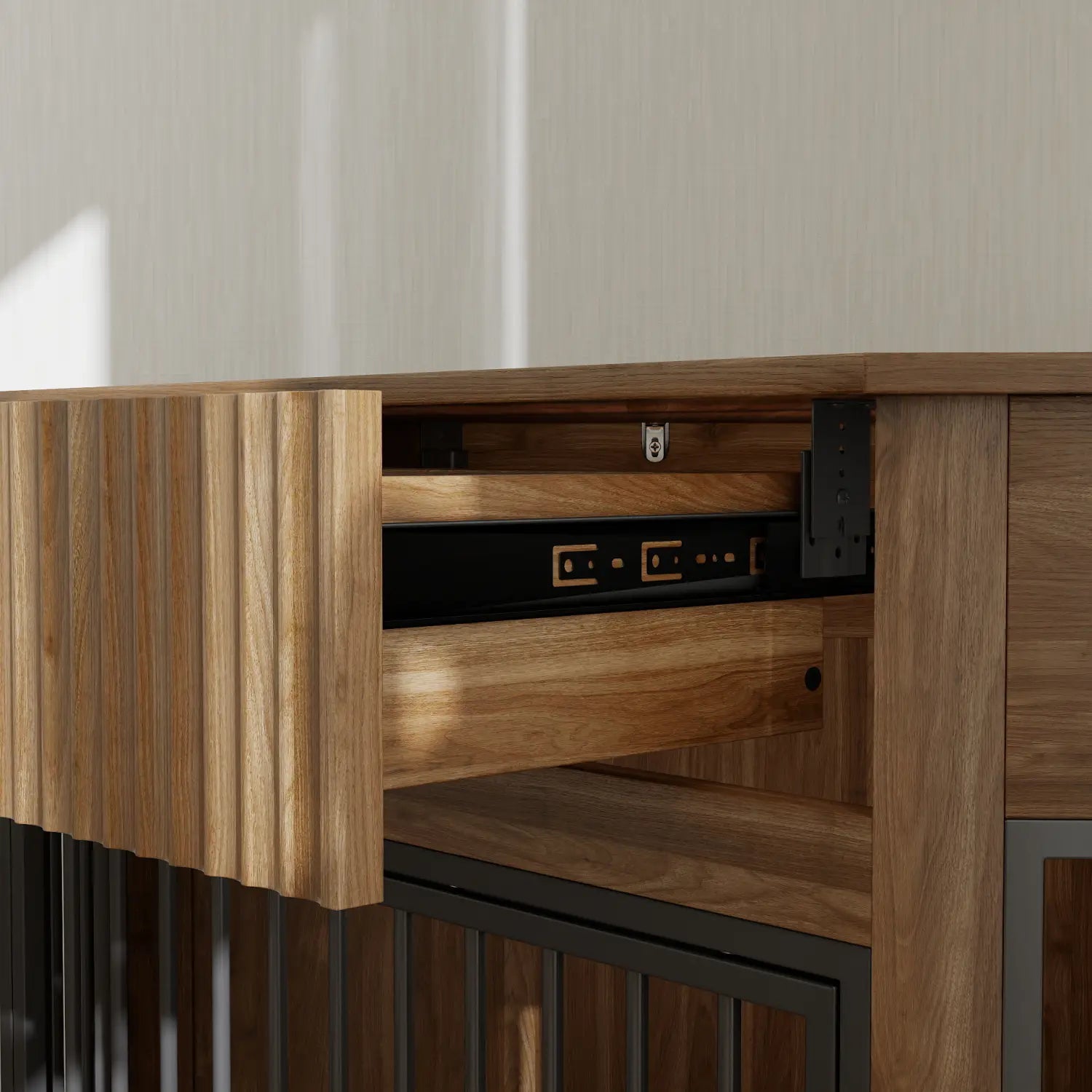 a modern wooden corner dog crate furniture with a sleek ribbed front panel and black metal drawer slides featuring a fluted storage drawer