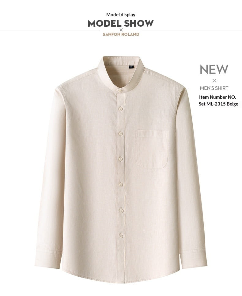 Beige men linen slim shirt with long sleeves and a mandarin collar featuring a button-down front.