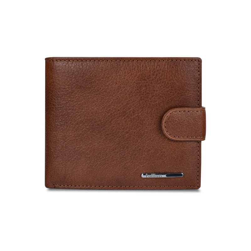 Brown leather cowhide multifunctional bifold clutch wallet with flap closure and silver-toned brand plaque