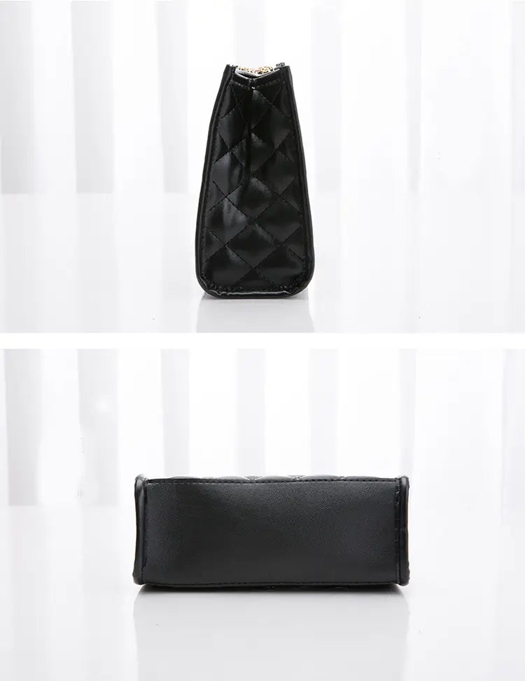 Black quilted faux leather mini chain shoulder bag rhombus small square design with silver-toned zipper pull.