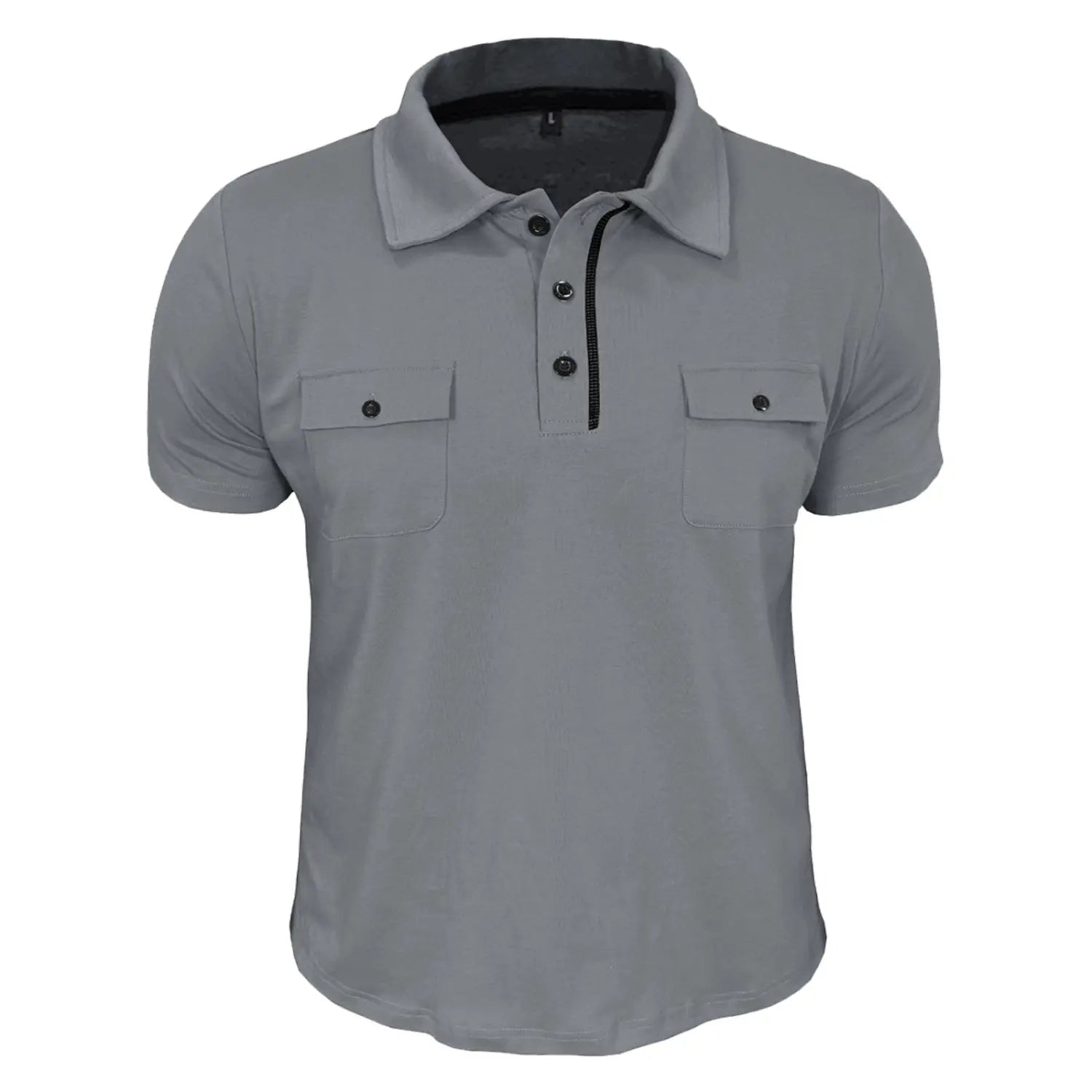 Men’s gray short sleeve cotton blend polo shirt featuring black buttons and a contrasting black zipper placket.