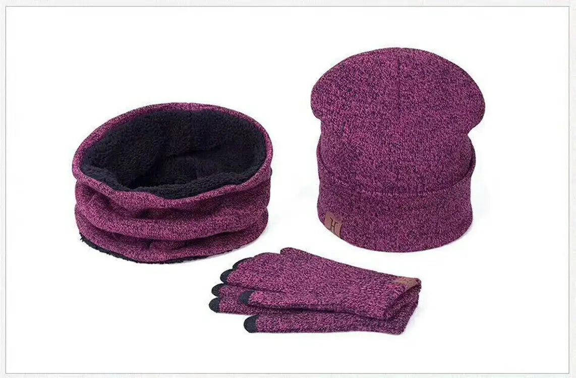 gray knit winter hat scarf and touchscreen gloves set featuring a purple knit beanie and scarf with black fleece lining and matching gloves compatible with touchscreen devices.