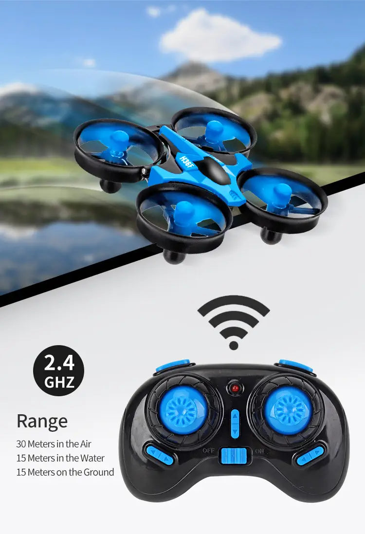 Dron planeador volador RC 3 en 1 de color azul y negro, con llamativos acentos circulares azules en las hélices y botones del controlador a juego, diseñado para uso en tierra, agua y aire