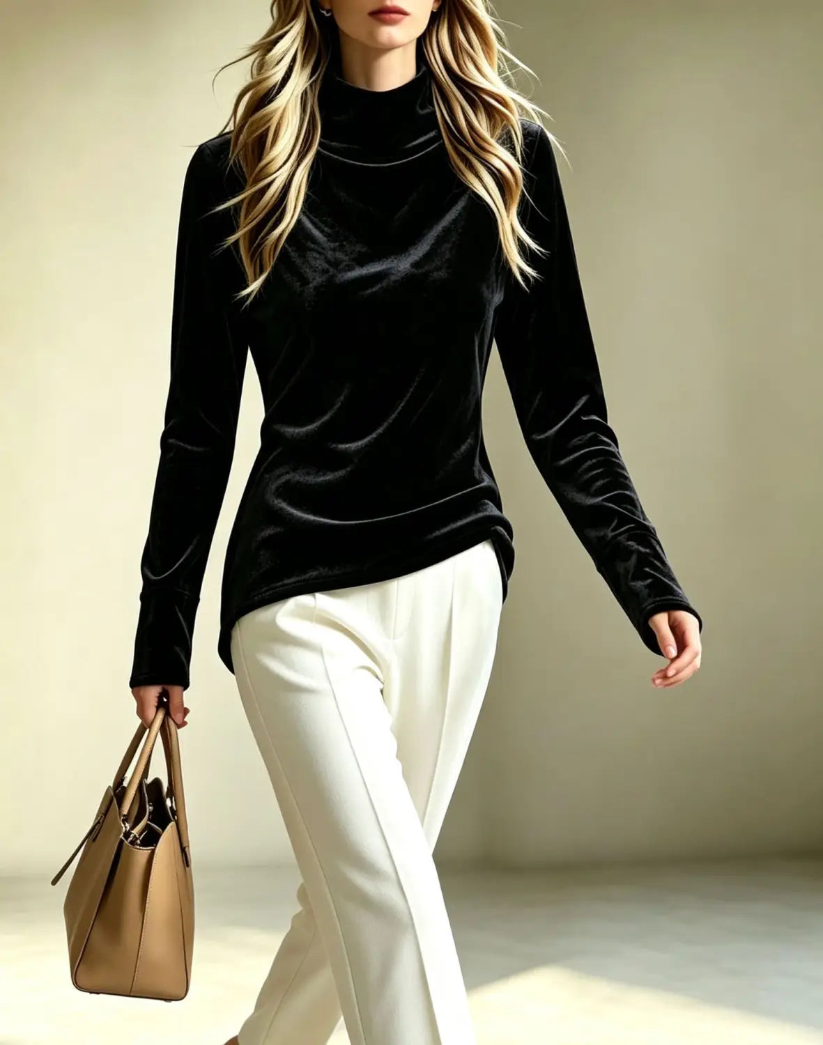 Black velvet turtleneck top with long sleeves in a luxurious pullover design.