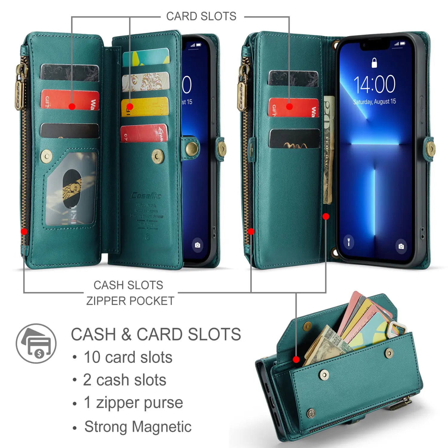 Teal leather wallet phone case with removable wrist strap featuring gold-tone zipper and magnetic closure.