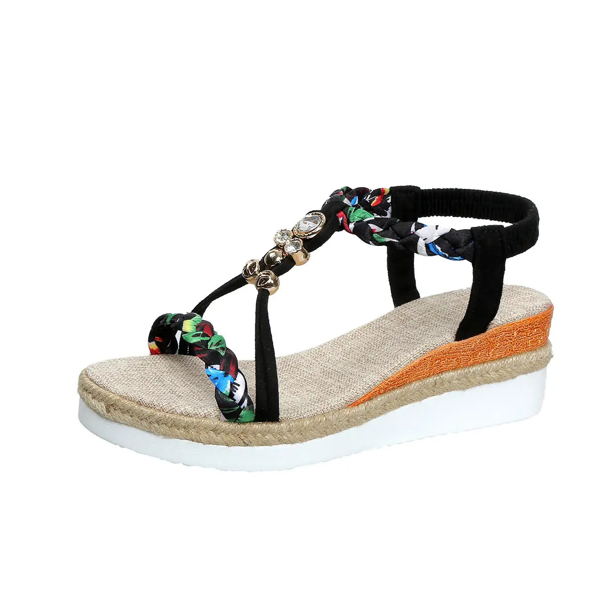 Sandalias tipo cuña de tela trenzada negra y multicolor para mujer, con cuentas decorativas y bailarinas tejidas estilo espadrille.