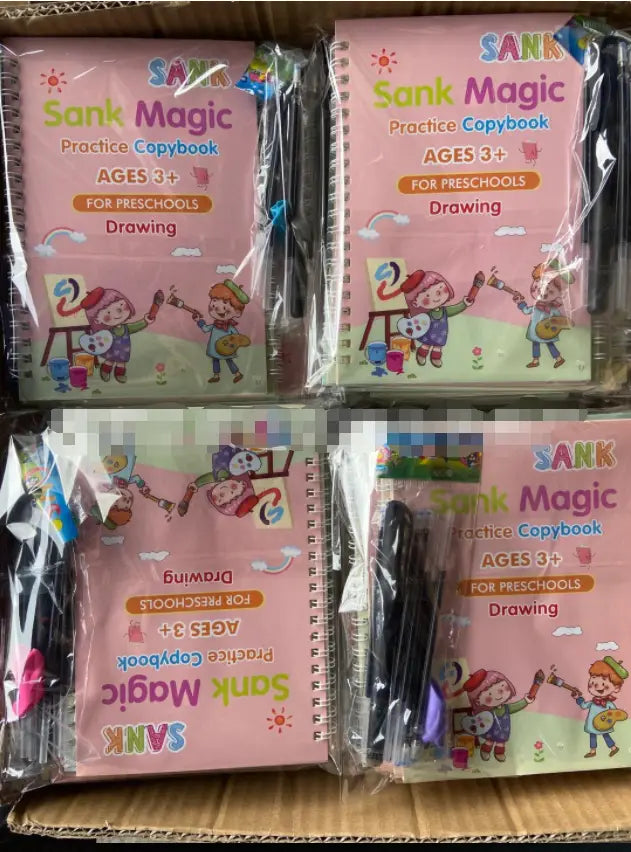 pink sank magic practice copybook for preschoolers with colorful cartoon illustrations and included black pen from the sank magic practice copybook set for kids preschoolers