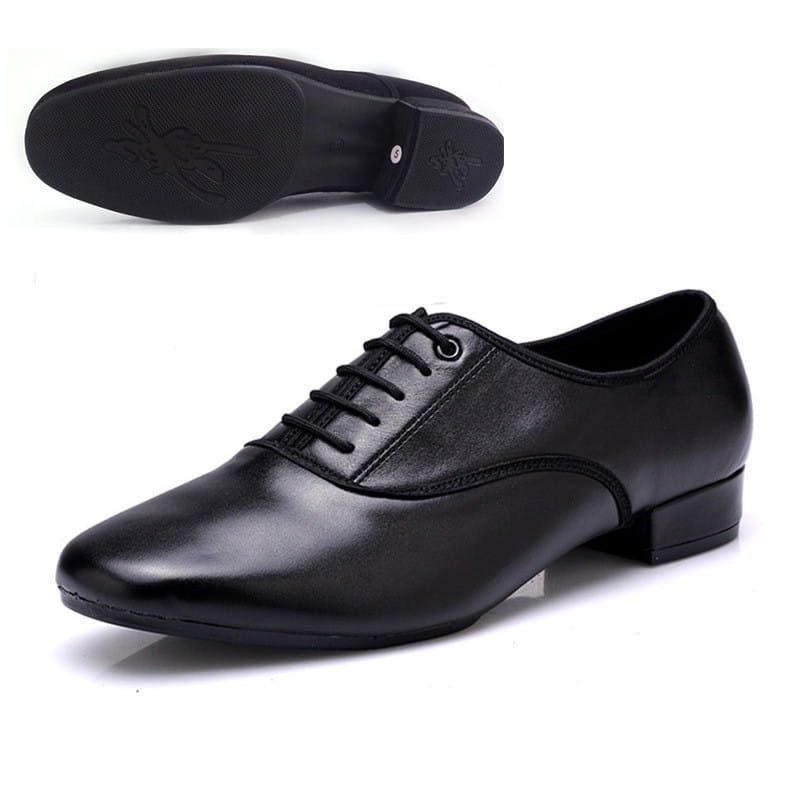 Chaussure de danse à lacets en cuir microfibre noir pour homme, avec talon bas, conçue pour la danse.