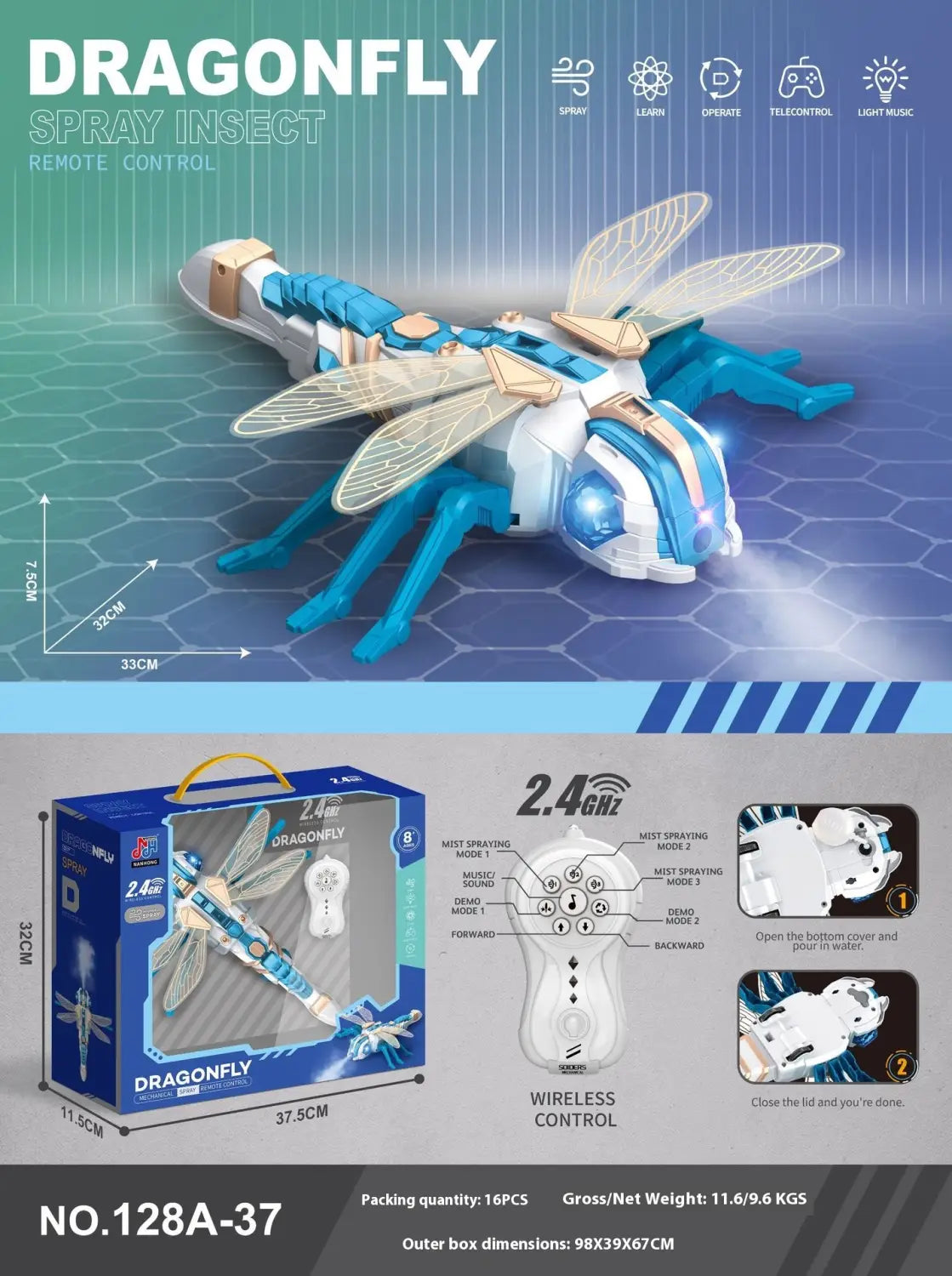 Blue and white remote control spray dragonfly centipede toy with translucent wings and led lights designed for interactive play.