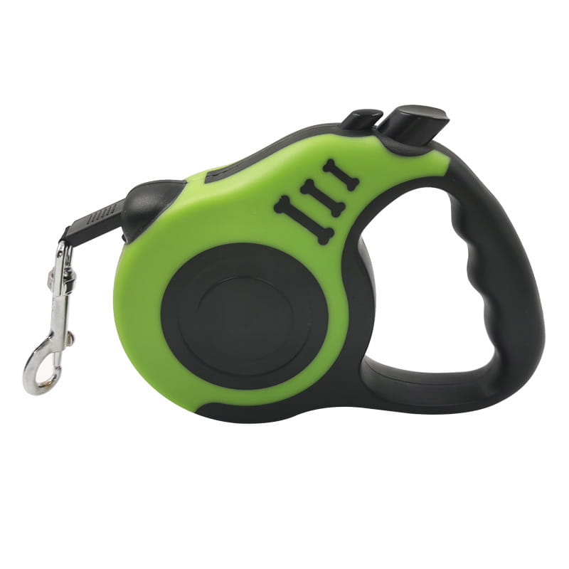 Retractable dog leash with ergonomic handle in vibrant lime green and black featuring a bone-shaped logo detail and metallic clasp.