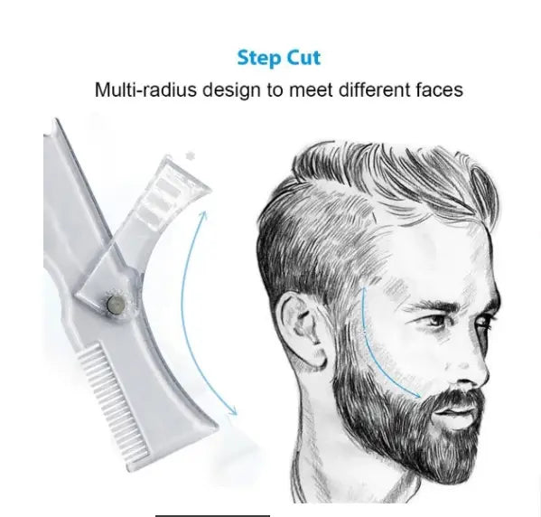 Transparent plastic beard shaping template comb with step-cut and multi-radius design for different face shapes featuring 360 degree rotation.