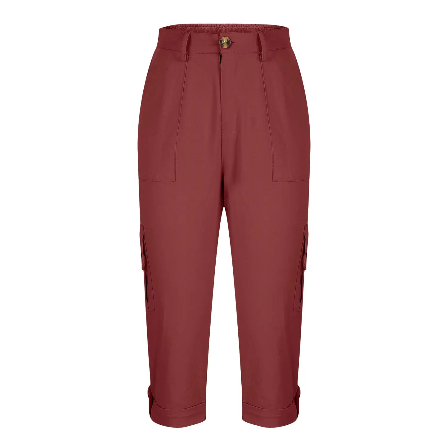 Pantalon capri cargo bordeaux raccourci à taille haute pour femmes, avec ourlets retroussés et fermeture boutonnée, adapté à un usage décontracté.