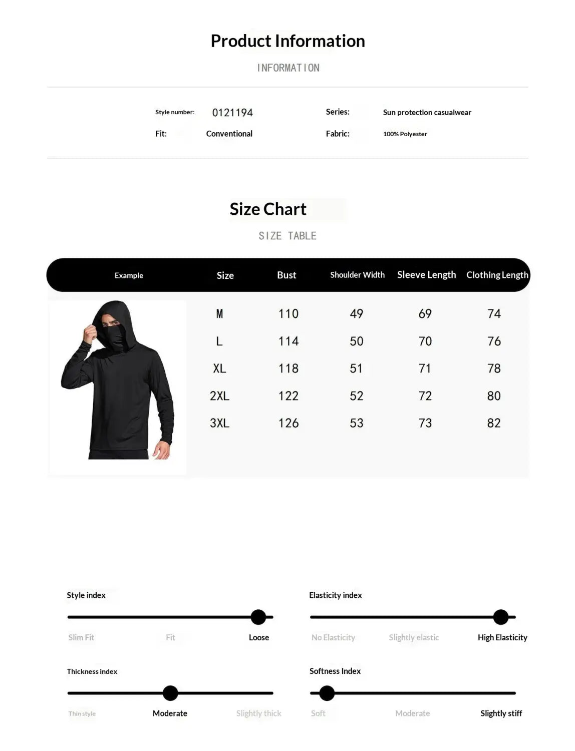 Sudadera informal negra con capucha de manga larga, confeccionada con 100 % poliéster, que incluye protección solar y tejido de seda de hielo para uso en exteriores, mostrada por el lado posterior