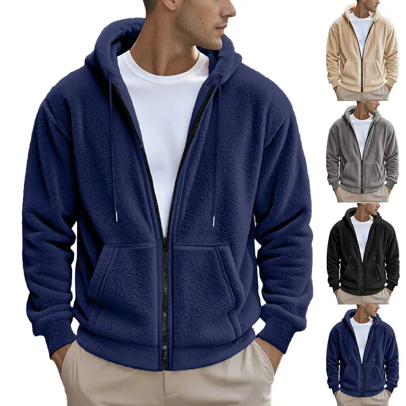 Men’s navy blue fleece lined loose zip up hooded jacket with plush fabric front pockets and drawstring hood.