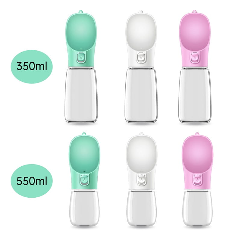 Pet water bottle portable travel cup with a soft silicone sipper top and clear plastic body available in mint green white or pink.