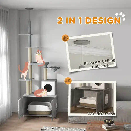 Arbre à chat Pawhut modulaire gris et blanc du sol au plafond, doté d’une enceinte intégrée pour bac à litière afin de faciliter les soins aux animaux de compagnie.