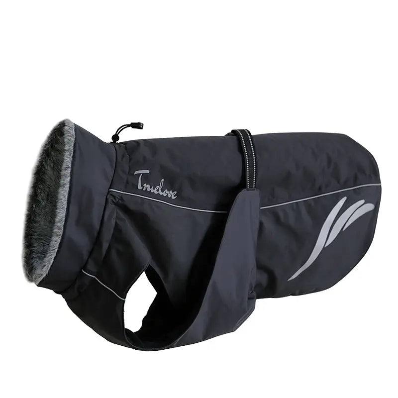 Black tridove dog raincoat with gray faux fur lining and silver reflective stripes shown from the back in a led waterproof dog down jacket for winter warmth.