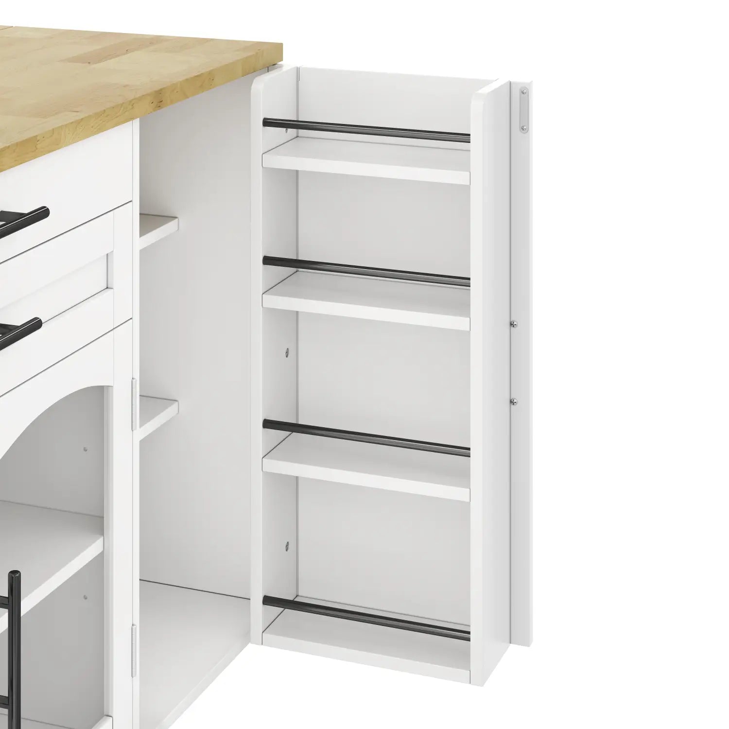 A white mobile kitchen island with foldable worktop, black metal shelves, wooden countertop, and wheels for easy mobility.