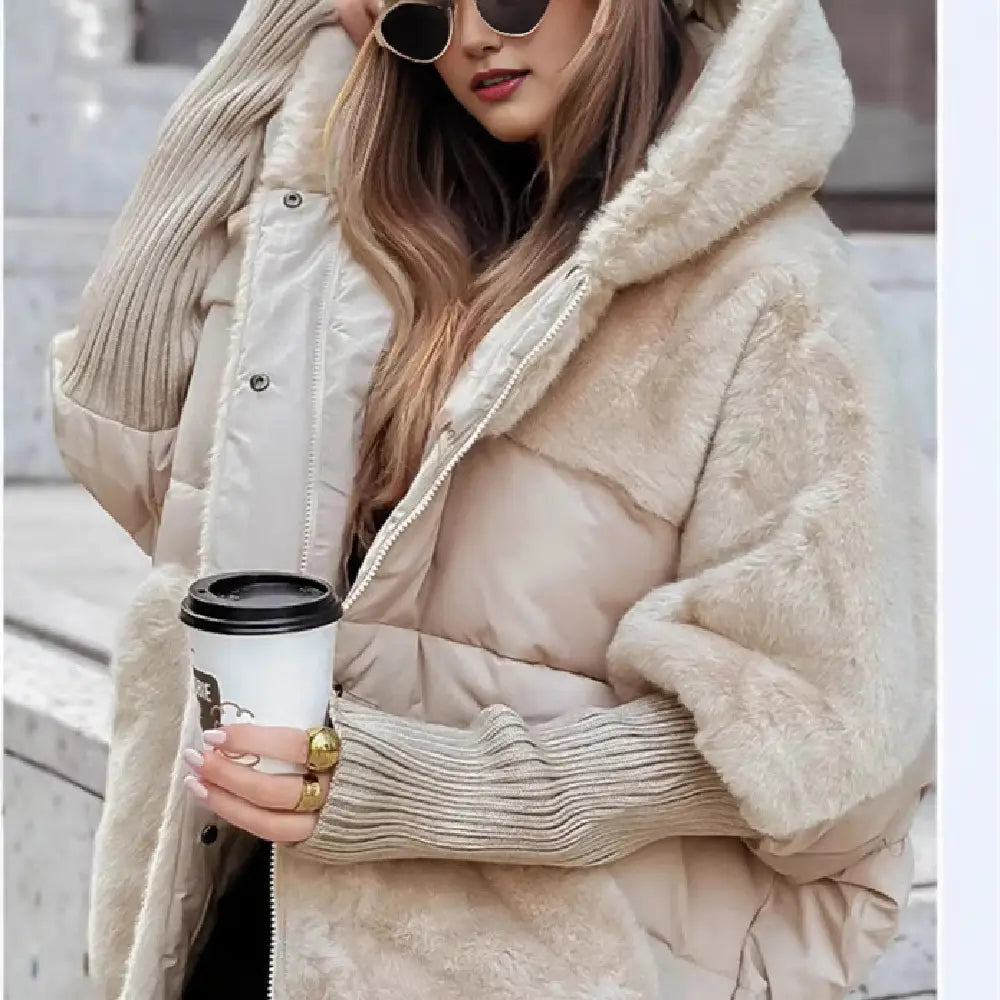Beige Pufferjacke mit Kapuze aus Kunstfell mit einer plüschigen Kapuze mit Kunstfellbesatz und gerippten Strickbündchen.