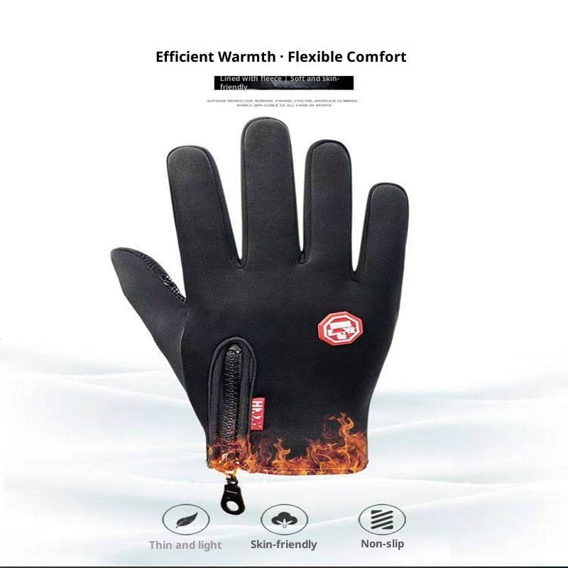women’s winter cycling touchscreen glove in black with flame-patterned cuff, zipper pocket on the wrist, and red logo patch shown from the back side