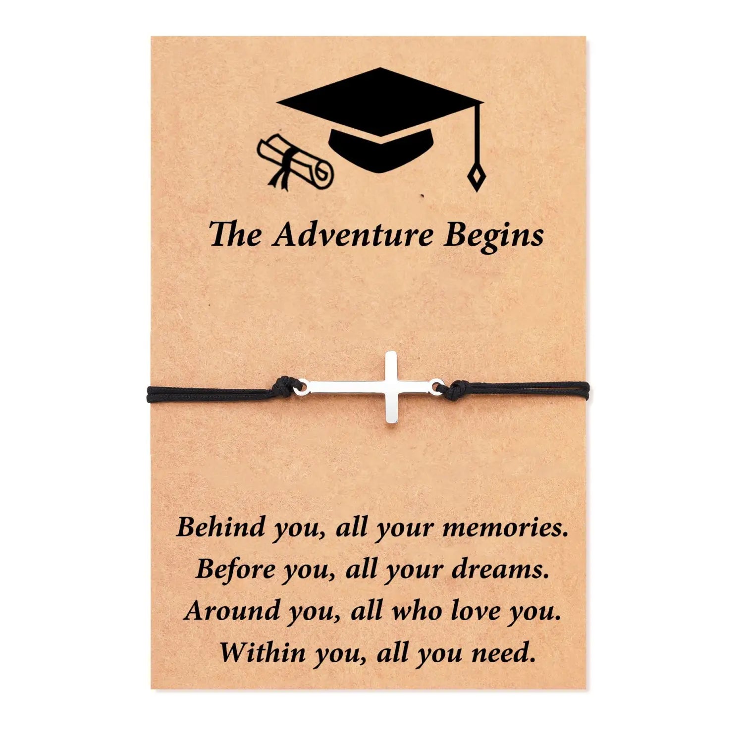 silver cross compass charm graduation adventure cord bracelet with black adjustable cord displayed on a graduation-themed card