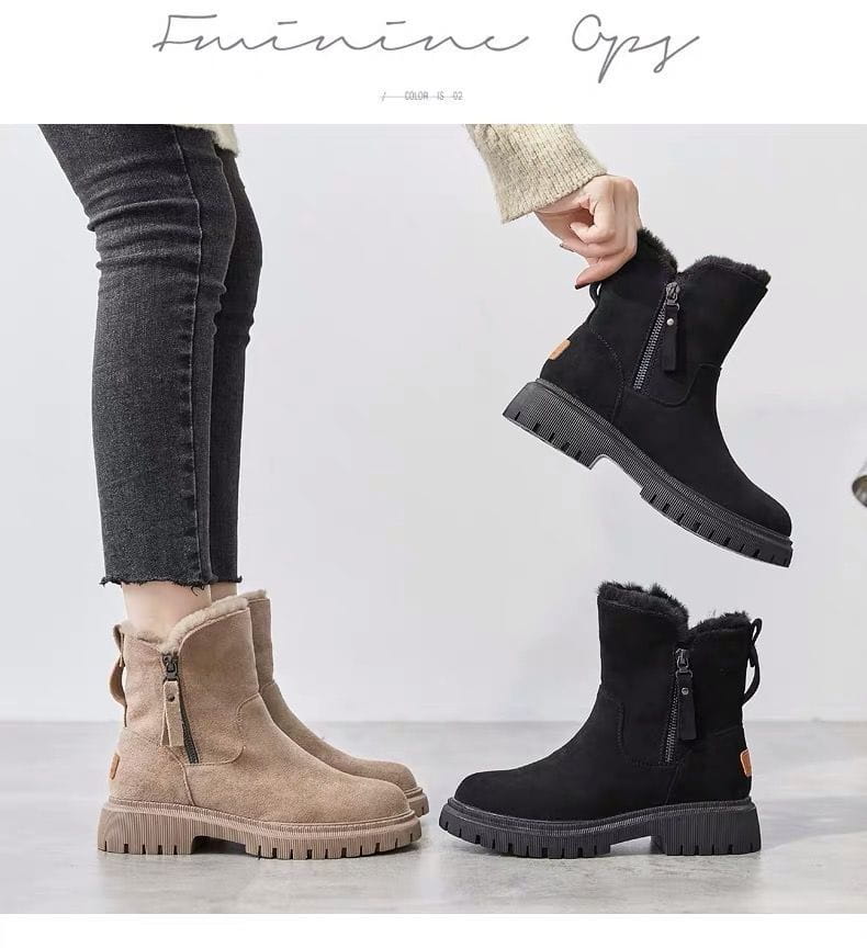 Schwarze und beiger Wildleder-Winterstiefel für Damen, Knöchel- Schuhe mit weichem Shearlingfutter, robusten Gummisohlen und seitlichen Reißverschlüssen