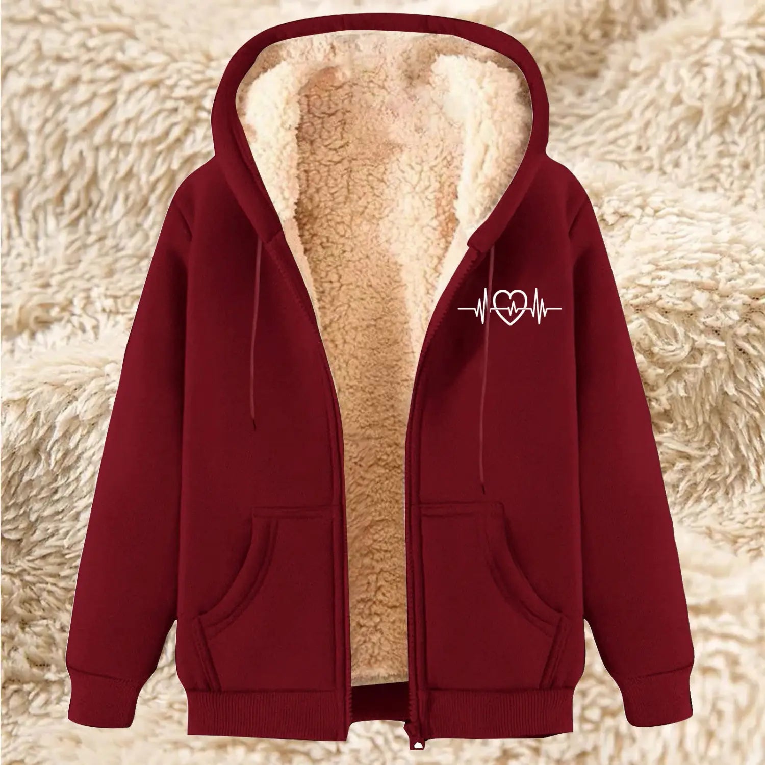 Men’s maroon sherpa lined fleece zip-up hoodie with a white heart-shaped heartbeat graphic on the left chest for winter wear.