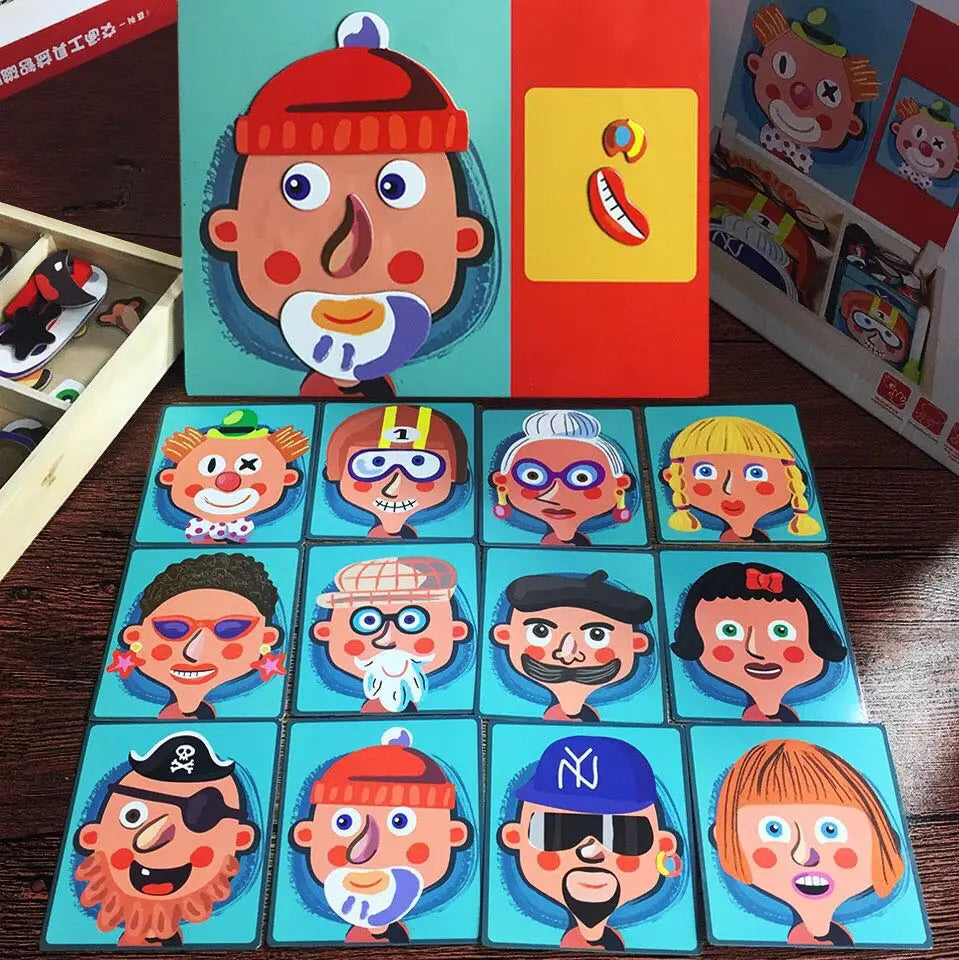 Un juguete educativo Montessori de madera con caja de rompecabezas magnética y colorida, que incluye tarjetas con caritas de dibujos animados con expresiones lúdicas y accesorios para juegos de emparejamiento de los niños.
