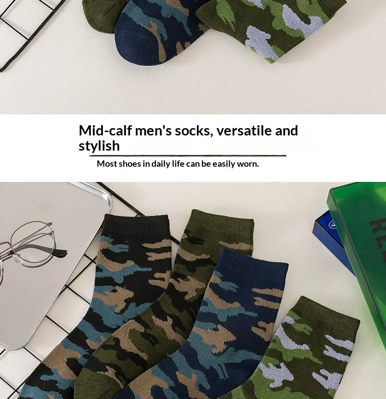 Camouflage military training socks for men featuring mid-calf length and green blue beige tones designed for durability and comfort in outdoor use.