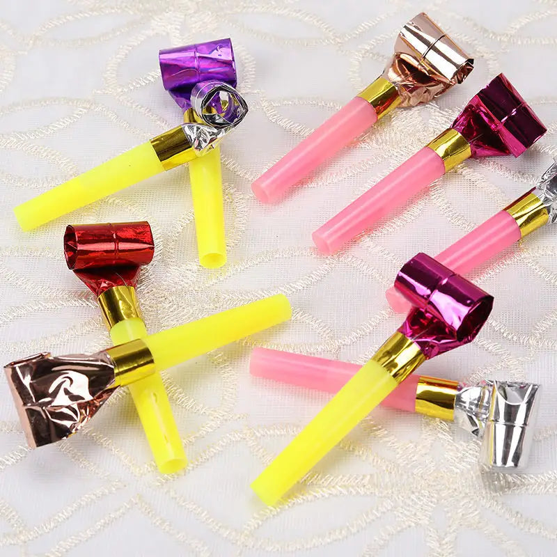 Colorful party blower noisemakers for kids birthdays with shiny metallic tops and translucent plastic handles in purple, pink, red, yellow, rose gold, and silver in a 10 pack.
