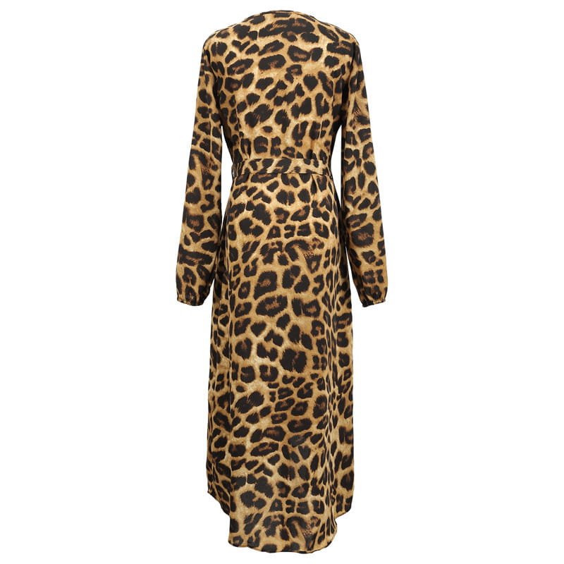 A long-sleeved leopard print chiffon wrap dress in tan and black with a v neck and belted waist.