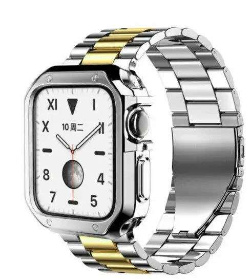 Premium stainless steel Apple Watch band with silver and gold-tone rectangular case featuring roman numerals on the white dial.