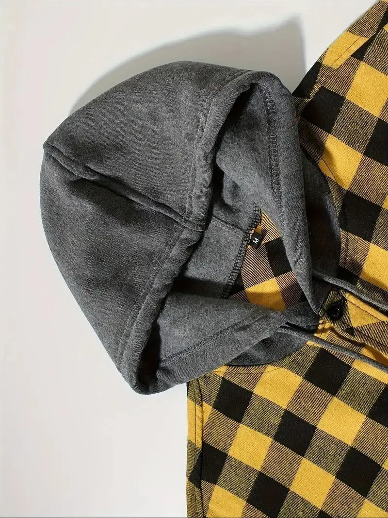 men’s plaid hooded flannel shirt featuring a gray hooded sweatshirt layered over a yellow and black plaid flannel shirt.