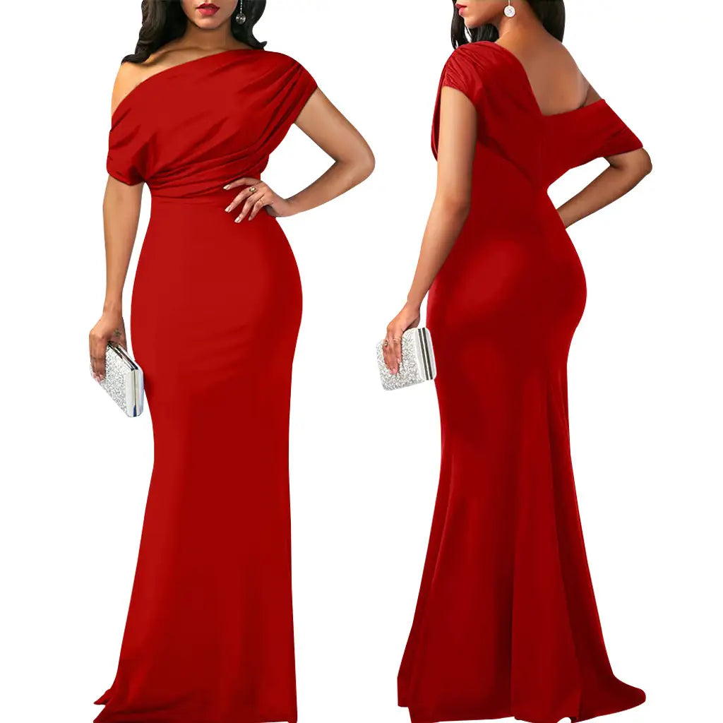 A vibrant red form-fitting off the shoulder mermaid evening gown with a draped bodice and flowing silhouette.
