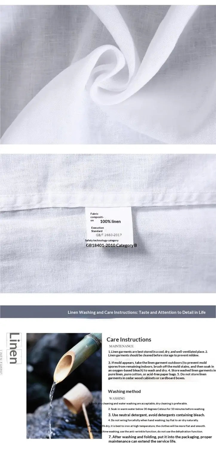 A crisp white 100 percent linen garment care label with black text showing fabric composition washing instructions and safety standards on the back of a men’s casual short sleeve pure linen button down shirt.