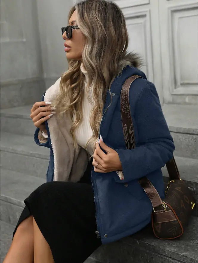 Navy blue winter parka with beige shearling-lined faux fur hood and brown monogram shoulder strap.