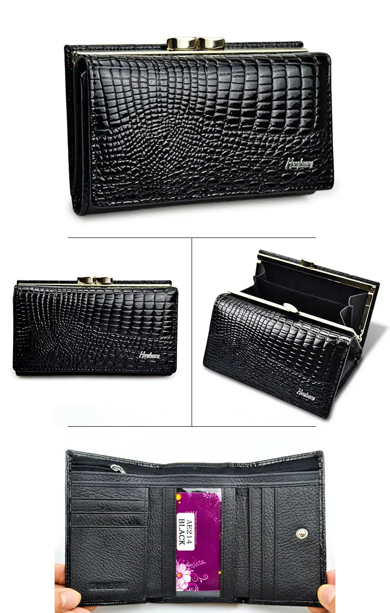 Black crocodile-textured leather trifold wallet clutch with gold-tone clasp and interior card slots for organized storage.