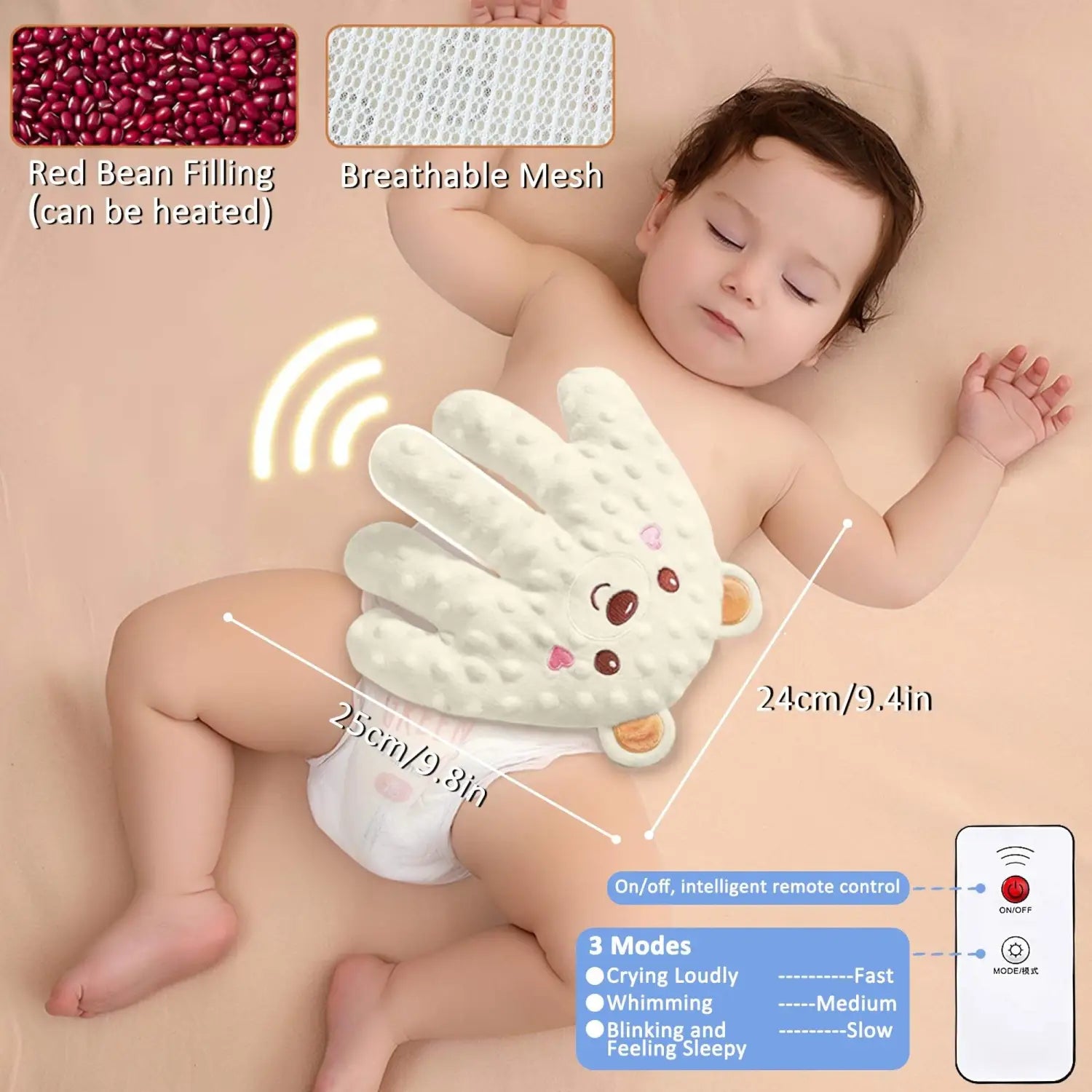 White plush bear-shaped infant heating glove with red bean filling and breathable mesh material for electric baby soothing palm automatic patting toy plush.