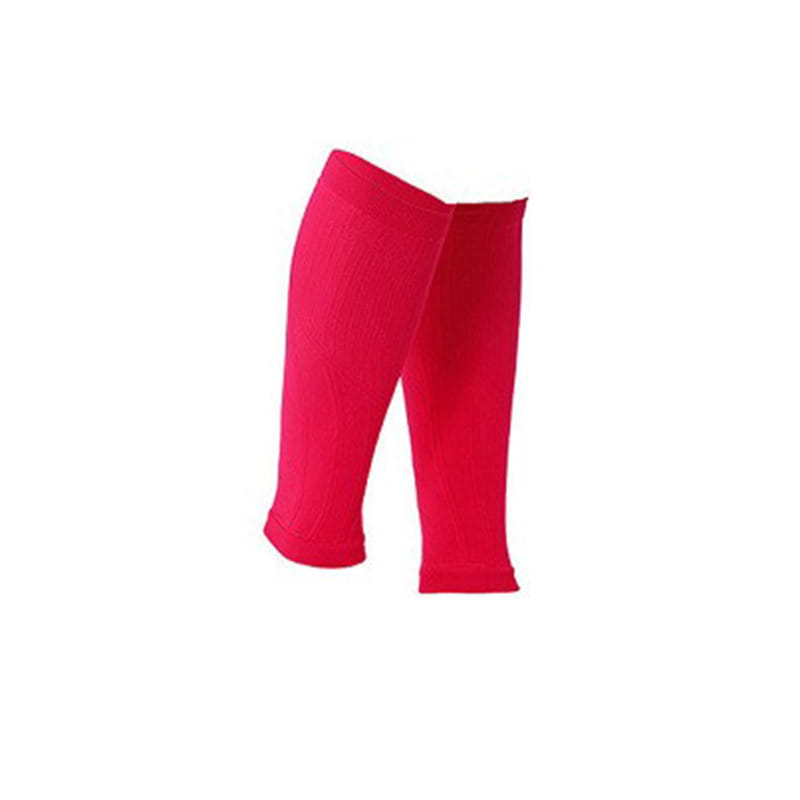 Bright pink ribbed knit compression calf sleeves designed for athletic sports support.