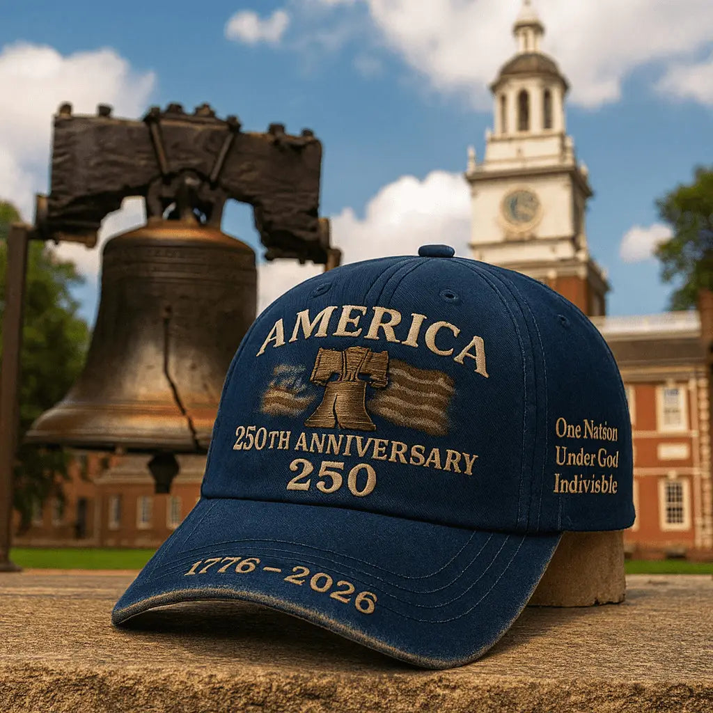 A navy blue usa 250th anniversary embroidered baseball cap featuring gold embroidery of the liberty bell and american flags commemorating americas 1776 to 2026 anniversary.