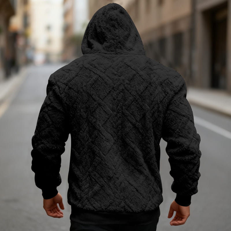 men’s black textured fleece lined knit hoodie featuring a quilted diamond pattern and a hood for added warmth and style