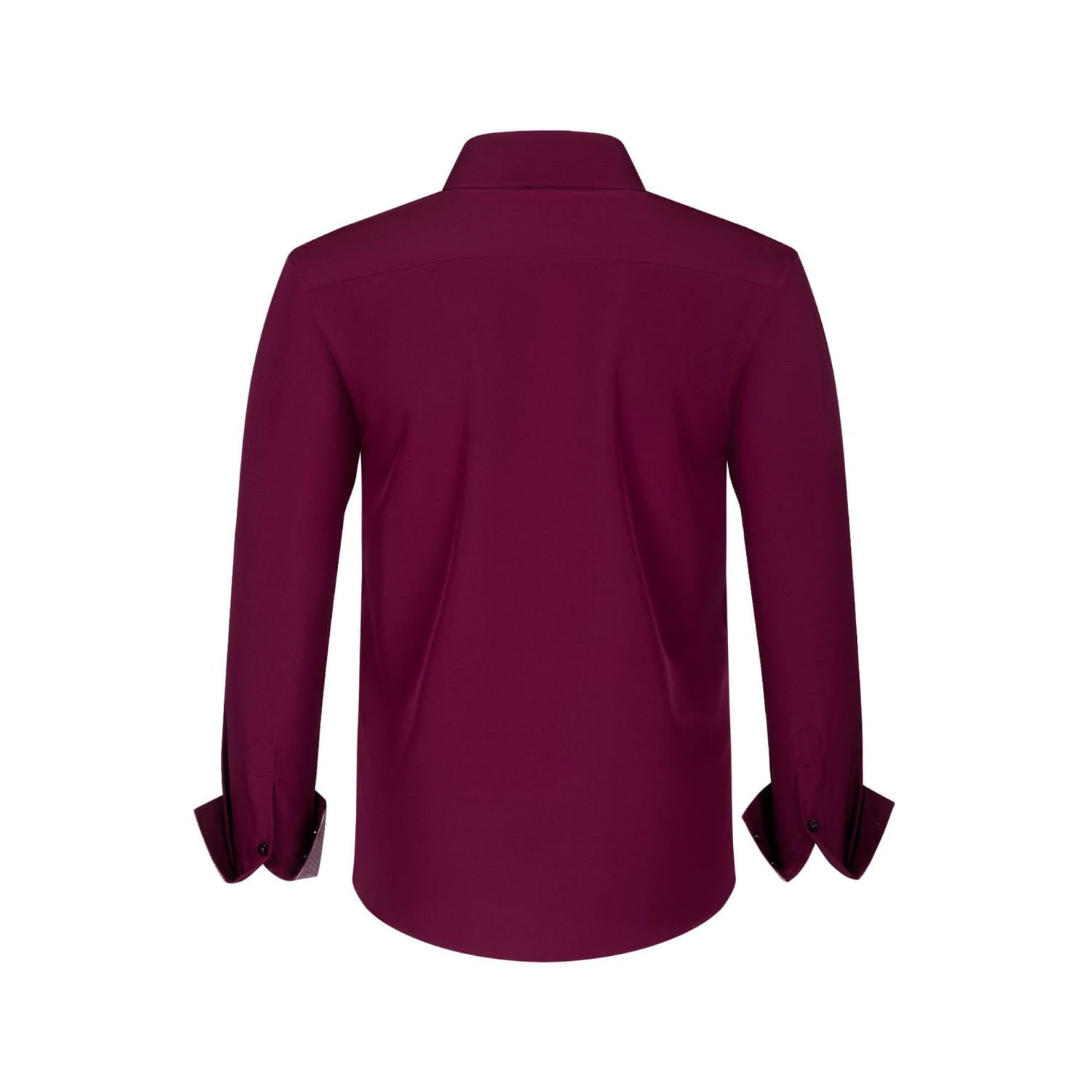 Une chemise habillée stretch à empiècements contrastés bordeaux foncé élégante pour homme, avec un col net et des poignets soigneusement pliés.