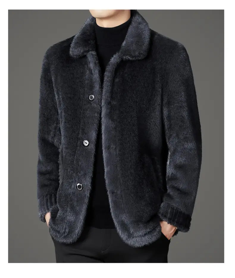 Faux fur winter coat for men in black with a plush collar and ribbed cuffs.