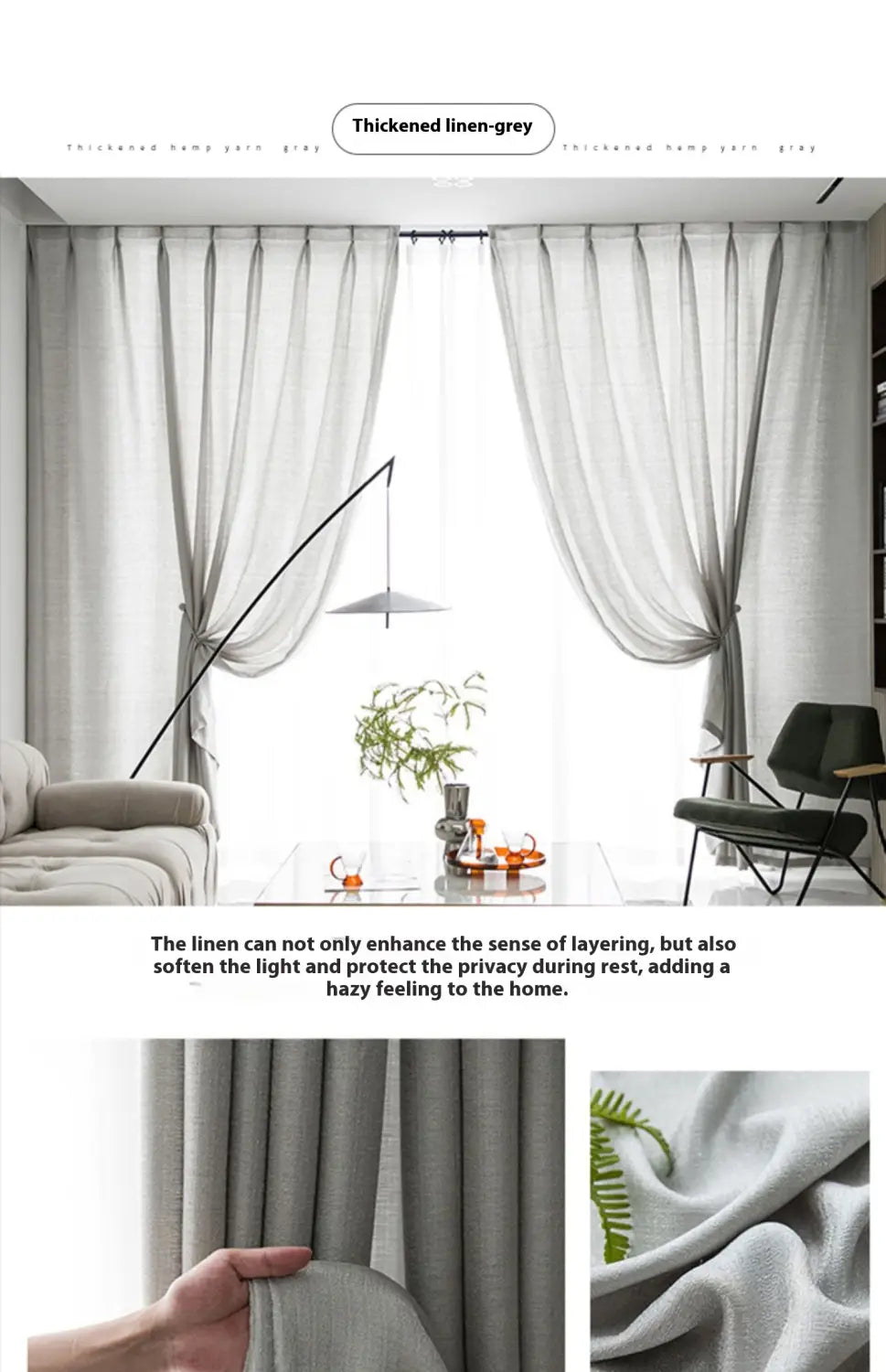 textured sunscreen linen curtains in linen grey with a thickened, soft textured weave and gentle draping for home use