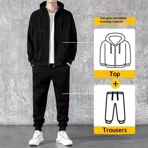 mens zip up hoodie and jogger sweatsuit set in black featuring a hooded zip-up jacket and matching jogger pants ideal for casual wear