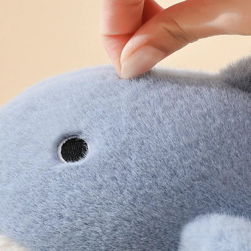 Soft blue plush whale toy with black embroidered eye featured as part of shark slippers plush animal dolphin whale house shoes.