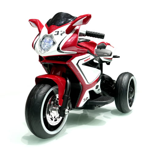 Red and white 6v kids electric ride on motorcycle with black accents featuring a sporty racing bike design for children.