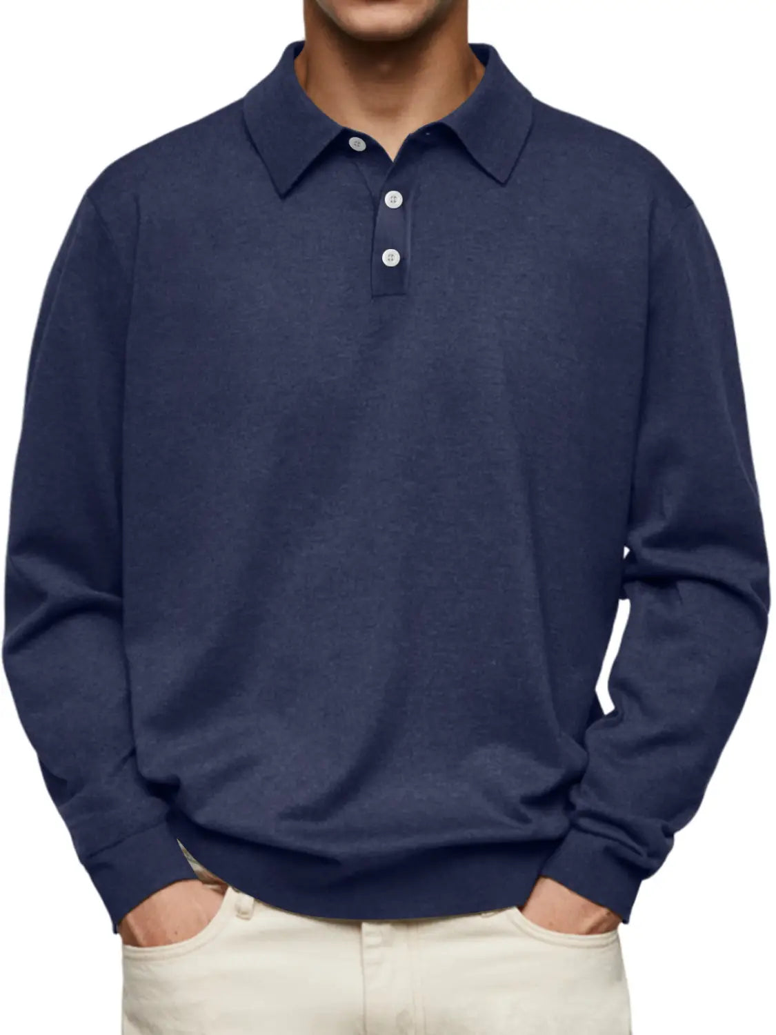 Navy blue men long sleeve v-neck polo shirt with white buttons and classic collar made of soft fabric for casual and semi-formal wear.