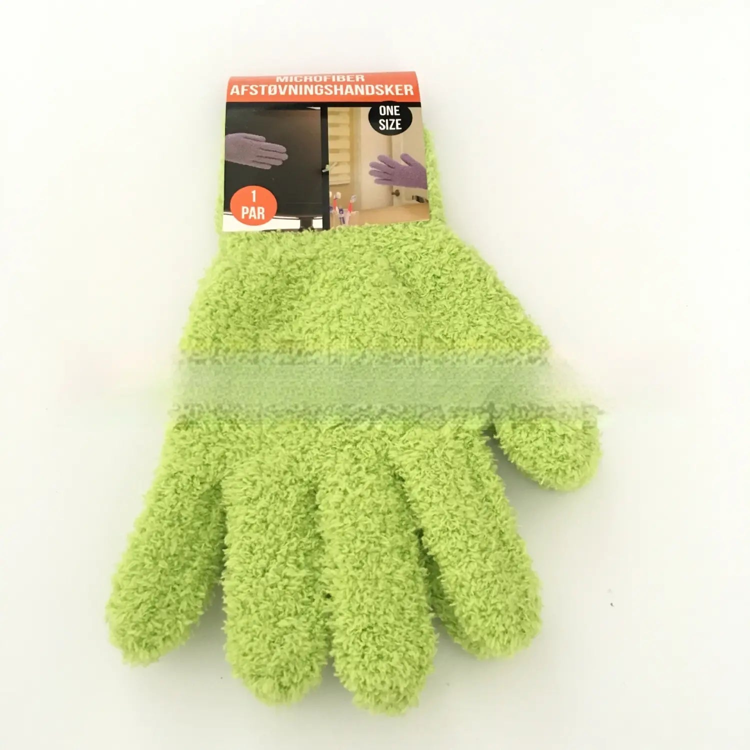plush coral fleece bath dust gloves featuring a bright lime green microfiber material with a soft fuzzy texture and a light green elastic wristband shown from the back side